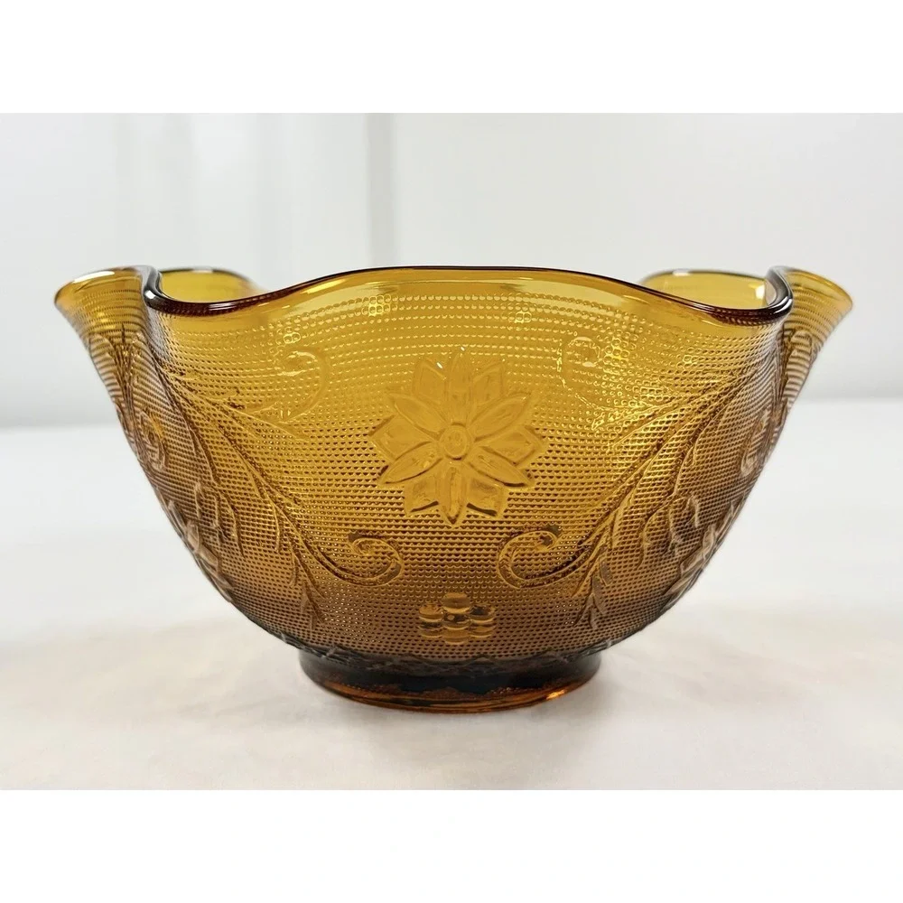 Vintage Tiara Indiana Glass Amber Sandwich Daisy Crimped Ruffled Bowl 10